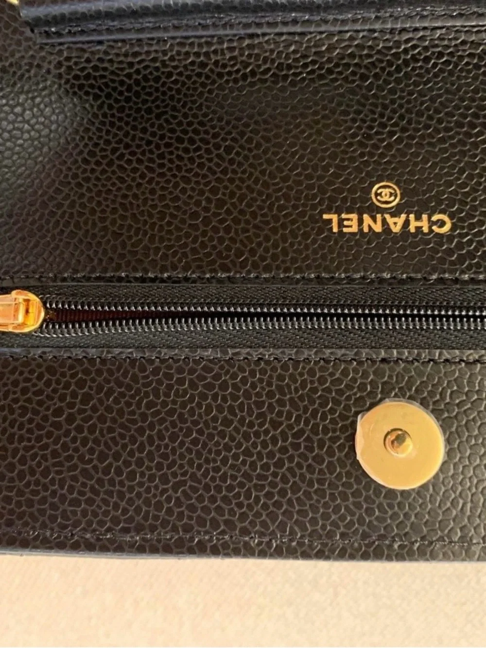 Chanel WOC Quilted Caviar Leather Wallet Clutch in Black with Gold CC